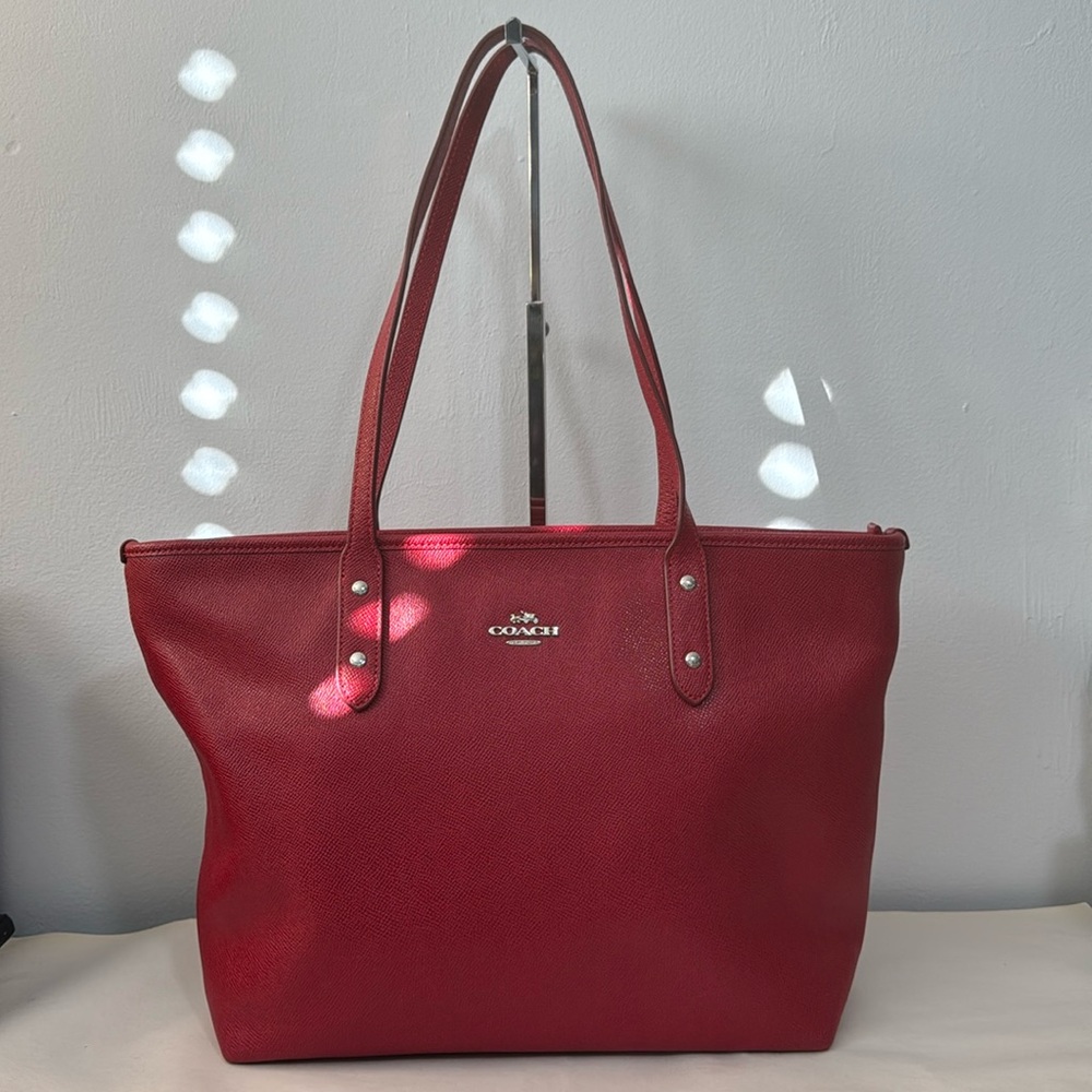 Coach F58846 SV Thru Red Leather City Zip Top Tote Bag Purse